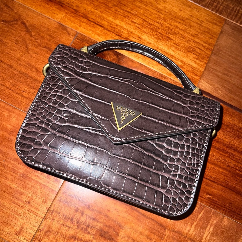 Guess Dark Brown Crocodile Embossed Mini Bag